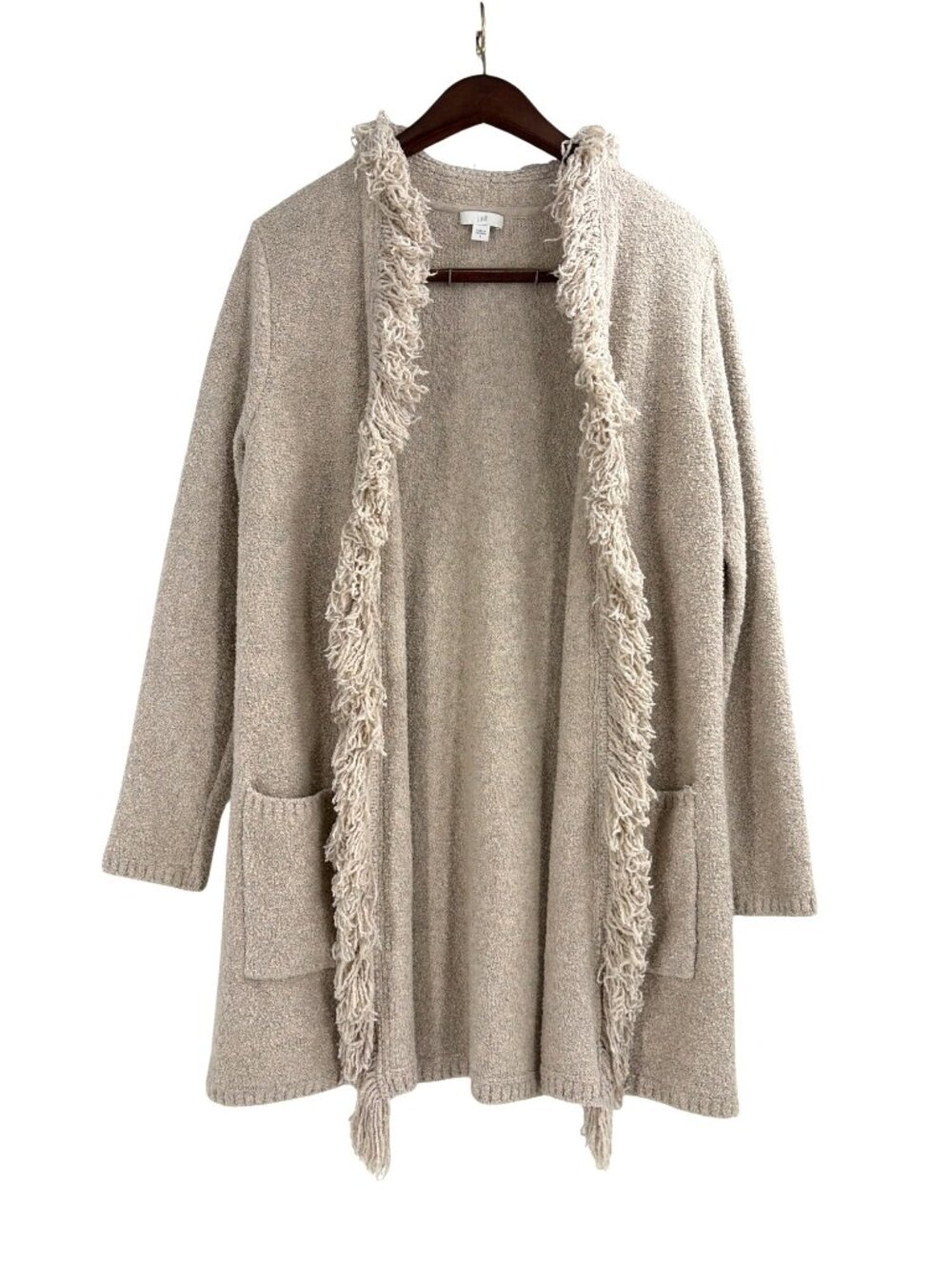 J. Jill Fringe Open Cardigan Sweater Pockets Beige Casual Cozy Womens Small - Picture 1 of 8